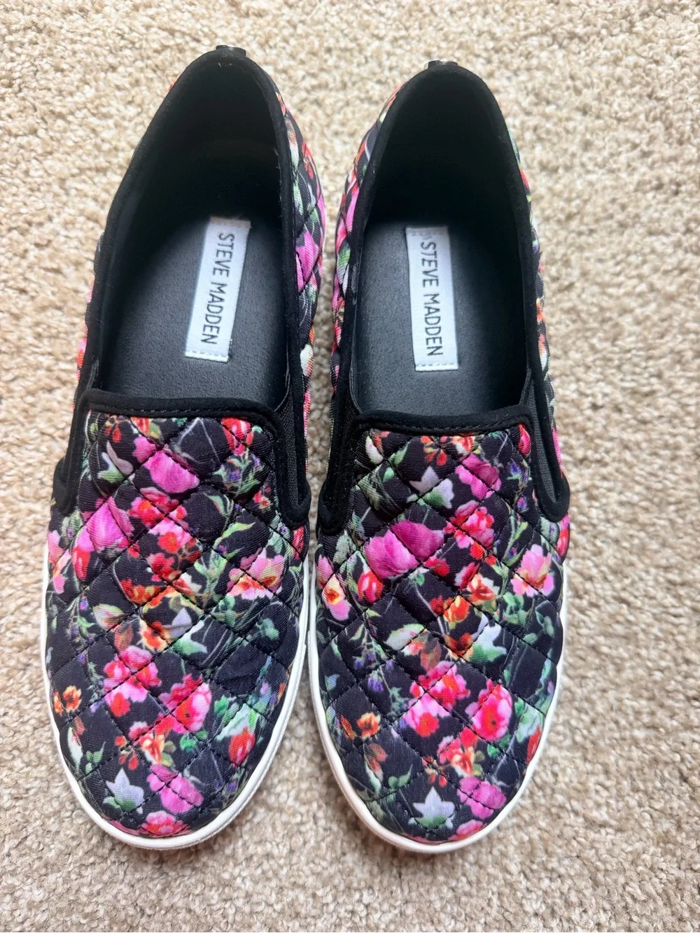 Steve Madden Black Quilted Slip-On Sneakers with Pink Floral Print